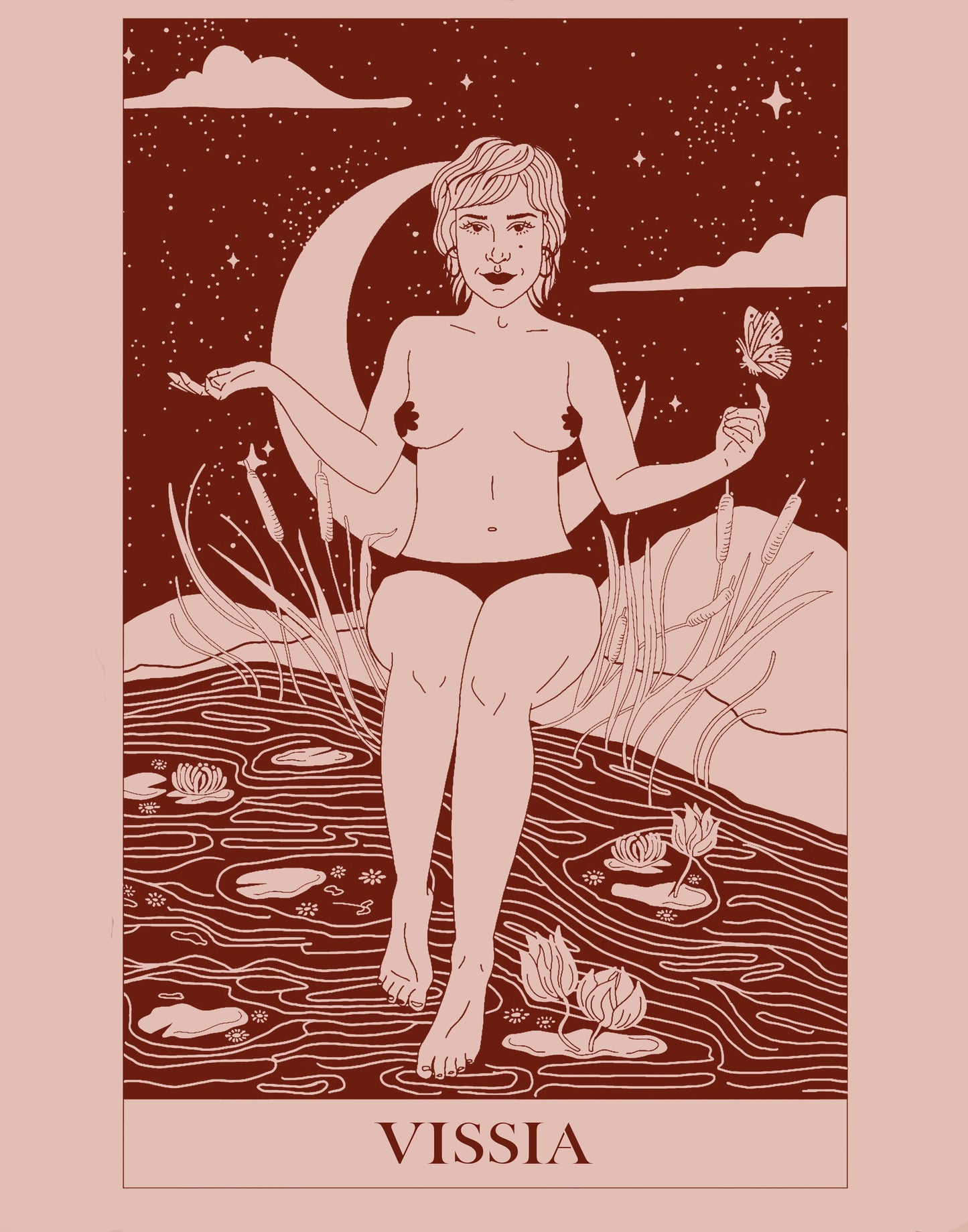 T-shirt illustration is in the style of a tarot card and shows an unclothed woman sitting on the banks of a river; a butterfly hovers above her left hand and her right hand is extended; a crescent moon hangs against a dark starry sky